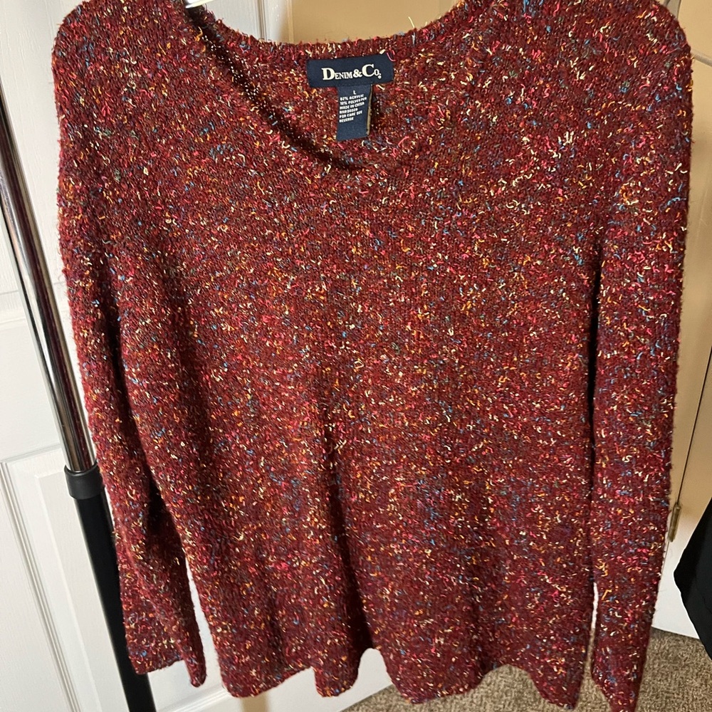 DENIM&CO. V-Neck Red Rainbow Confetti Sweater